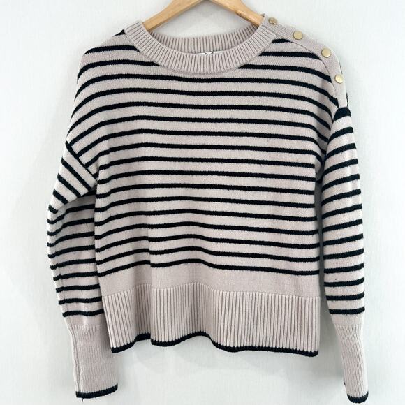 Magaschoni Sweaters - Magaschoni Women's Striped Sweater Small Gold Buttons Beige Black Minimalist